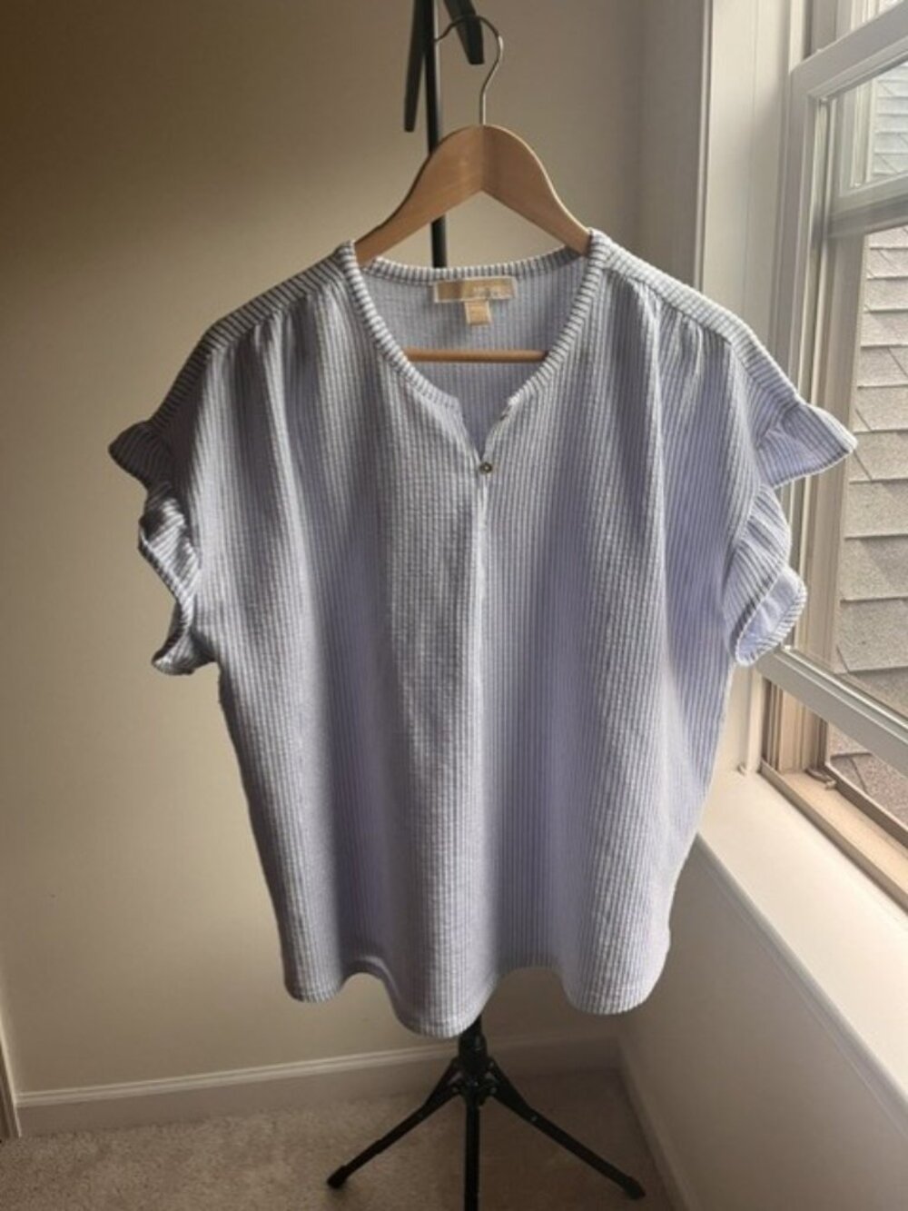 Michael Kors XL Blue Textured Flutter Sleeve Top Blouse